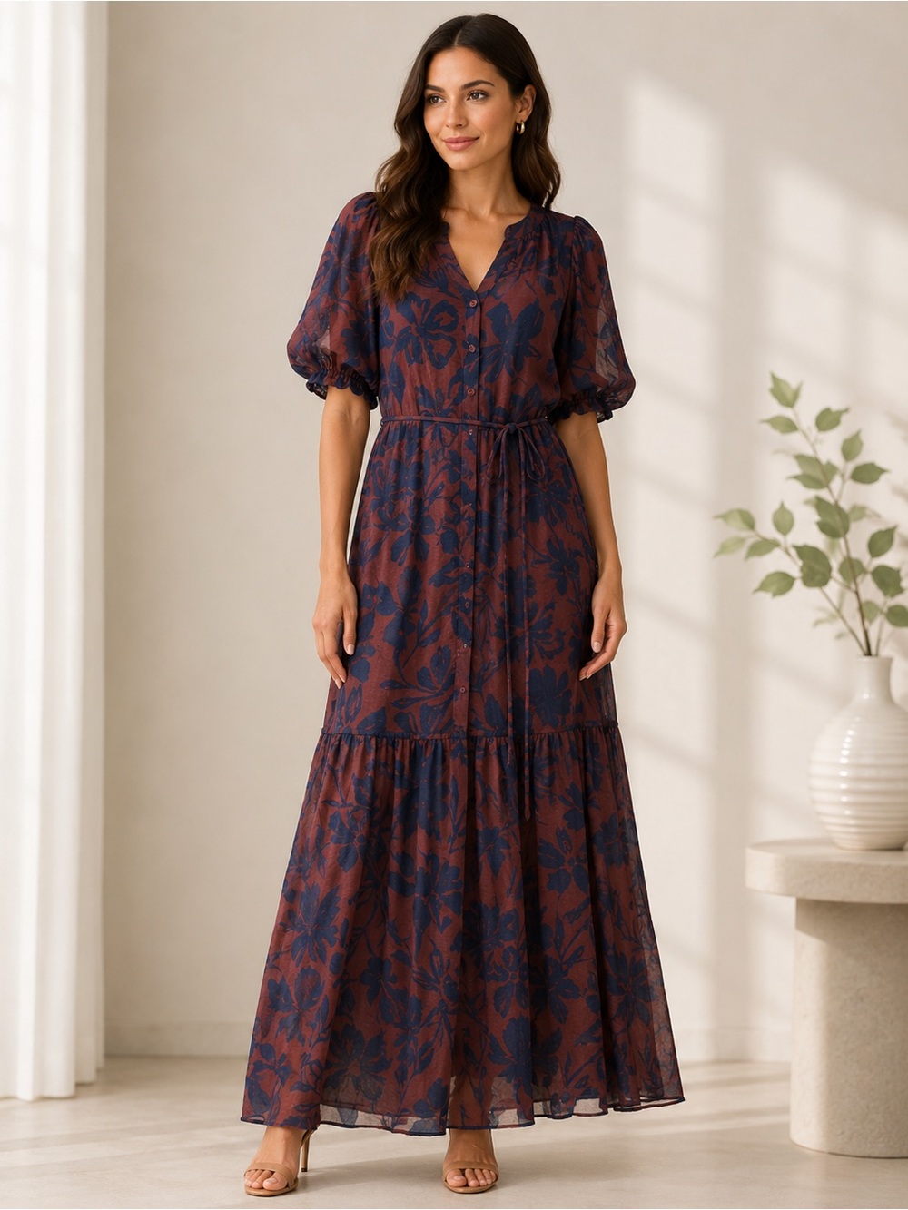 Sonoma Sheer Floral Maxi Dress Burgundy Navy Puff Sleeve